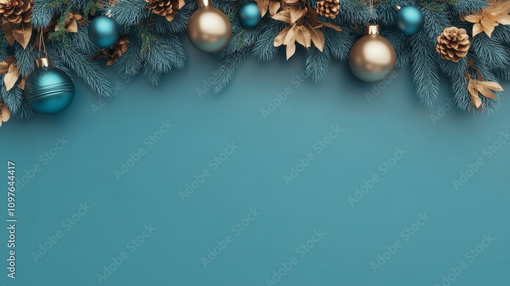 Christmas background with fir branches and golden ornaments on serene blue, festive holiday decor Christmas background with fir branches and golden ornaments on serene blue, festive holiday decor