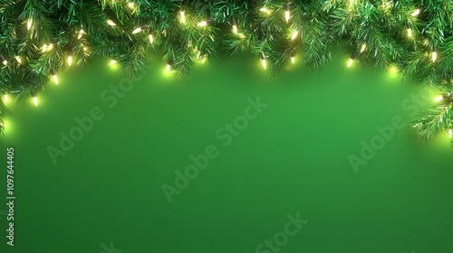 Glowing christmas lights on green, festive holiday background for seasonal decor and celebrations photo