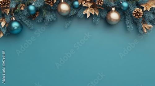 Christmas background with fir branches and golden ornaments on serene blue, festive holiday decor photo