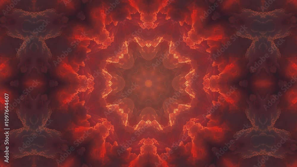 A vibrant kaleidoscopic pattern featuring fiery colors and abstract shapes.