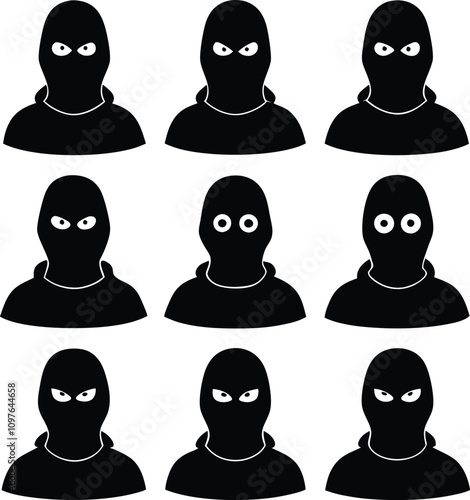 Black & White Balaclava Clipart: Vector Illustration of Anonymous Figures in Ski Masks, Crime & Security Concept Graphic