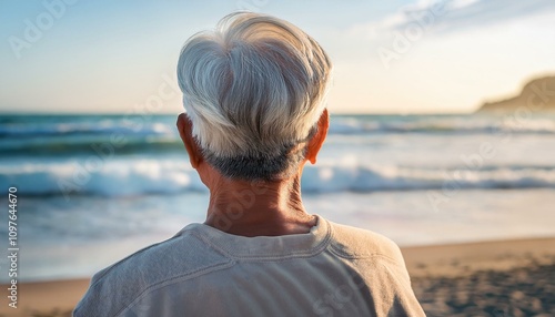 海を眺める白髪の男性 photo