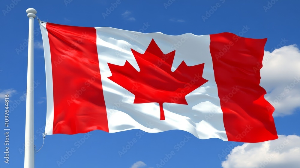 A vivid red and white canadian maple leaf flag flies proudly, symbolizing national pride A vivid red and white canadian maple leaf flag flies proudly, symbolizing national pride