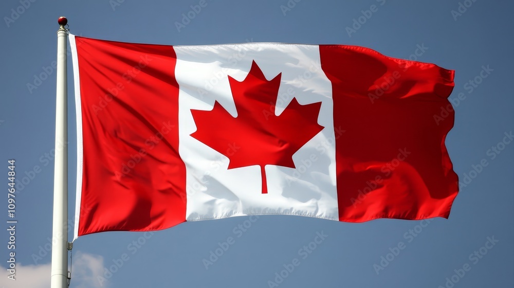 Canadian flag waving majestically in the wind, a symbol of national pride and freedom Canadian flag waving majestically in the wind, a symbol of national pride and freedom