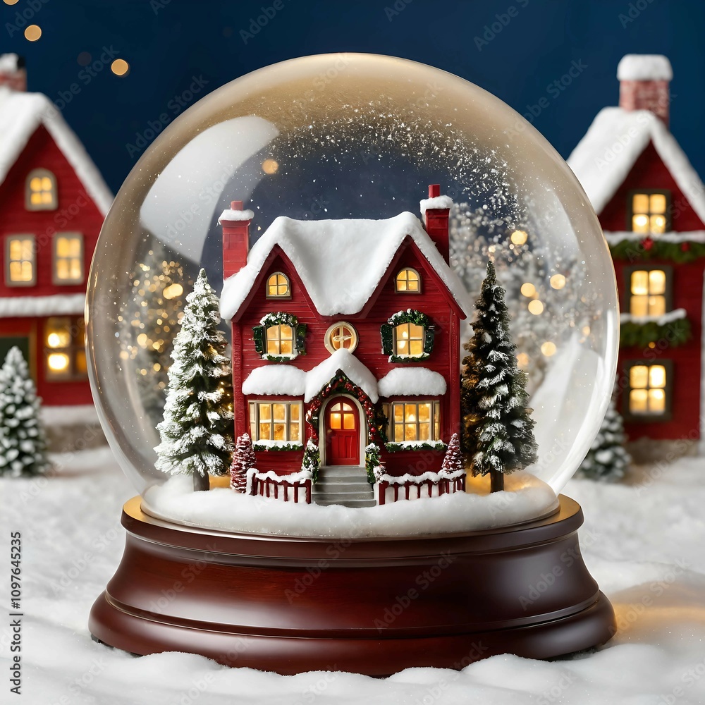 Magical Snow Globe with Festive Red House in Winter Wonderland Magical Snow Globe with Festive Red House in Winter Wonderland