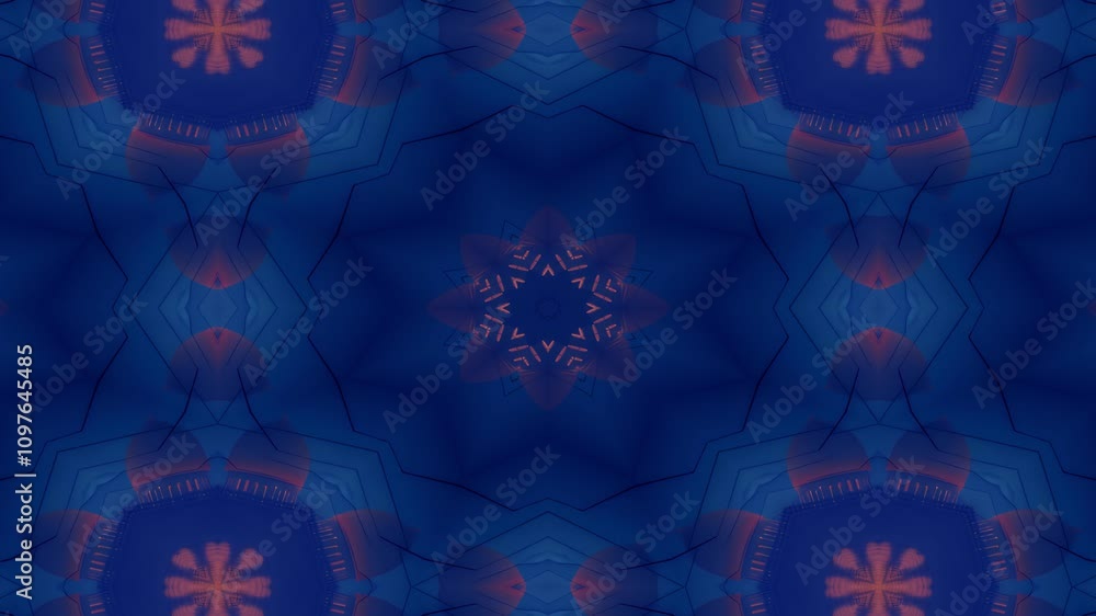 A symmetrical, abstract design featuring illuminated structures in a kaleidoscopic pattern.