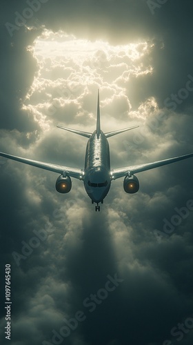 the scene of a commercial plane flying in the sky, anomalies of strange light points like spotlights between the clouds are seen,  photo