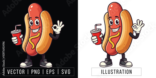 Hot Dog Cartoon Mascot with Drink - Vector, PNG, EPS, SVG