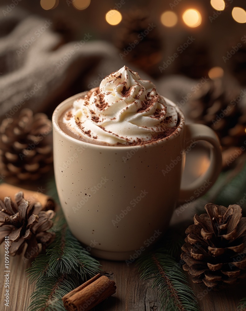 Cozy Hot Chocolate with Whipped Cream and Chocolate Shavings Surrounded by Pinecones and Holiday Decor in a Warm Atmosphere Cozy Hot Chocolate with Whipped Cream and Chocolate Shavings Surrounded by Pinecones and Holiday Decor in a Warm Atmosphere