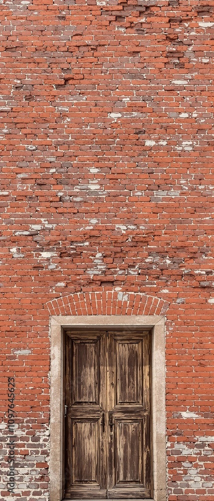 Old red brick wall with wooden doors and window frames, classic architecture, historic windows, wooden doors, traditional design, red brick texture Old red brick wall with wooden doors and window frames, classic architecture, historic windows, wooden doors, traditional design, red brick texture