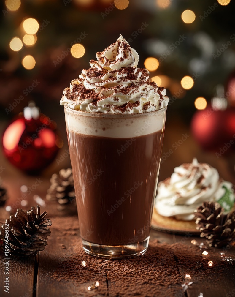 Creamy Hot Chocolate Topped with Whipped Cream and Cocoa Dust on a Wooden Table Surrounded by Pine Cones and Christmas Ornaments in a Cozy Setting Creamy Hot Chocolate Topped with Whipped Cream and Cocoa Dust on a Wooden Table Surrounded by Pine Cones and Christmas Ornaments in a Cozy Setting