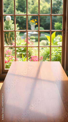 Outdoor wooden table against window with garden view, scenic, foliage, backyard, wood, fresh air
