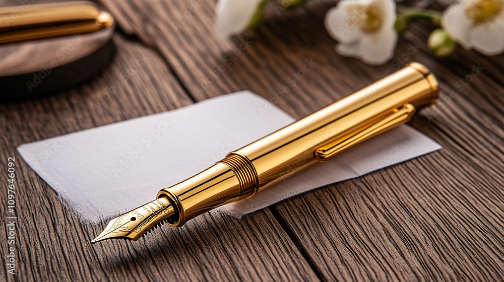 Elegant golden fountain pen resting on white paper with floral background Elegant golden fountain pen resting on white paper with floral background