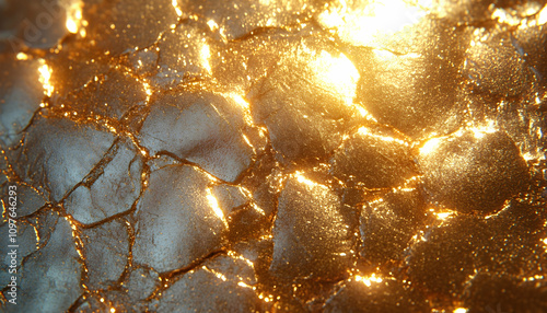 Cracked gold surface texture with light.