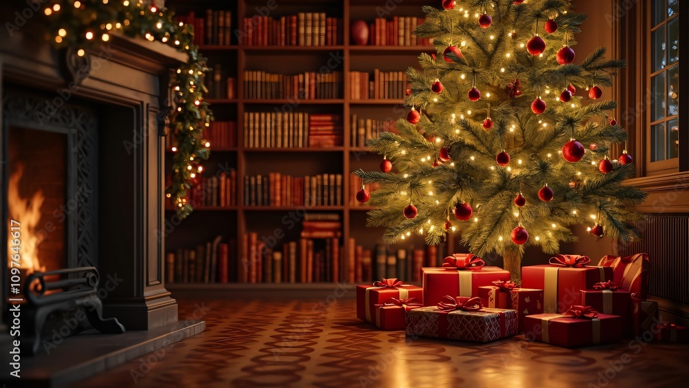 Christmas Tree Library, Red & Gold Ornaments, Presents Christmas Tree Library, Red & Gold Ornaments, Presents