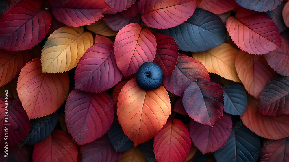 Dark moody autumn leaves with single blueberry. Dark moody autumn leaves with single blueberry.