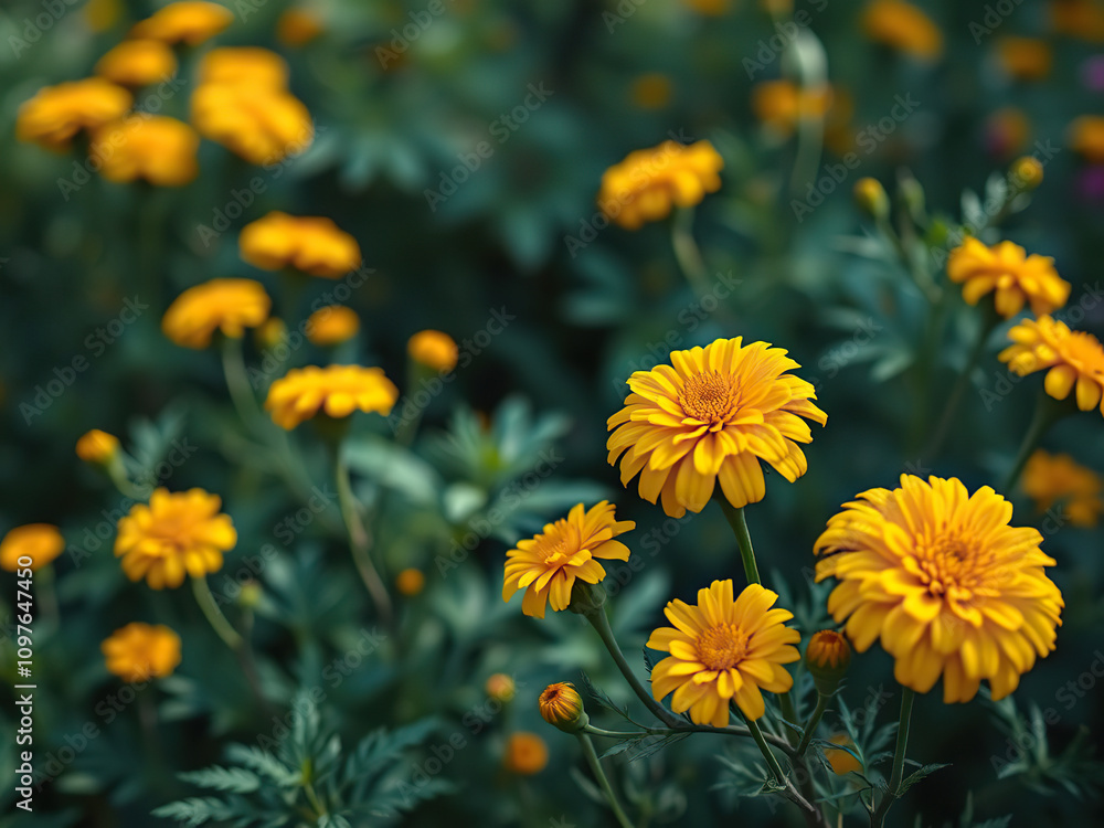 Vibrant yellow marigold flowers blooming in a garden, sunny, garden, greenery, marigold Vibrant yellow marigold flowers blooming in a garden, sunny, garden, greenery, marigold