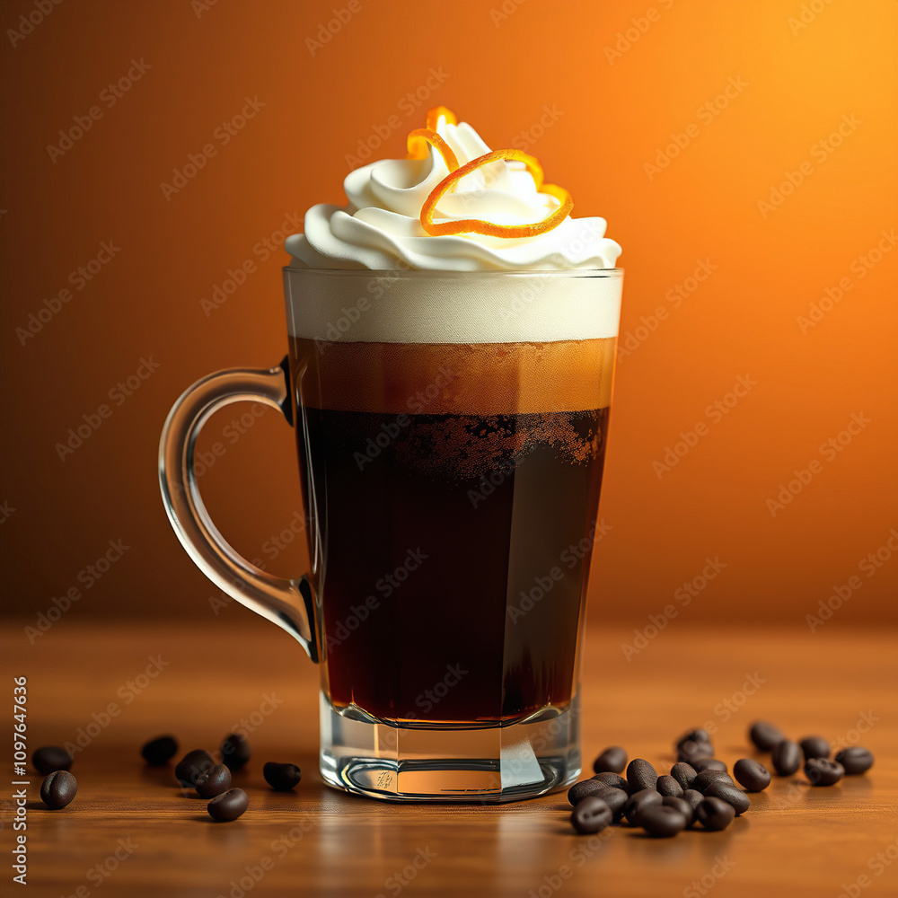 Rich and creamy Irish coffee with a twist of orange zest, orange, zest, spoon Rich and creamy Irish coffee with a twist of orange zest, orange, zest, spoon