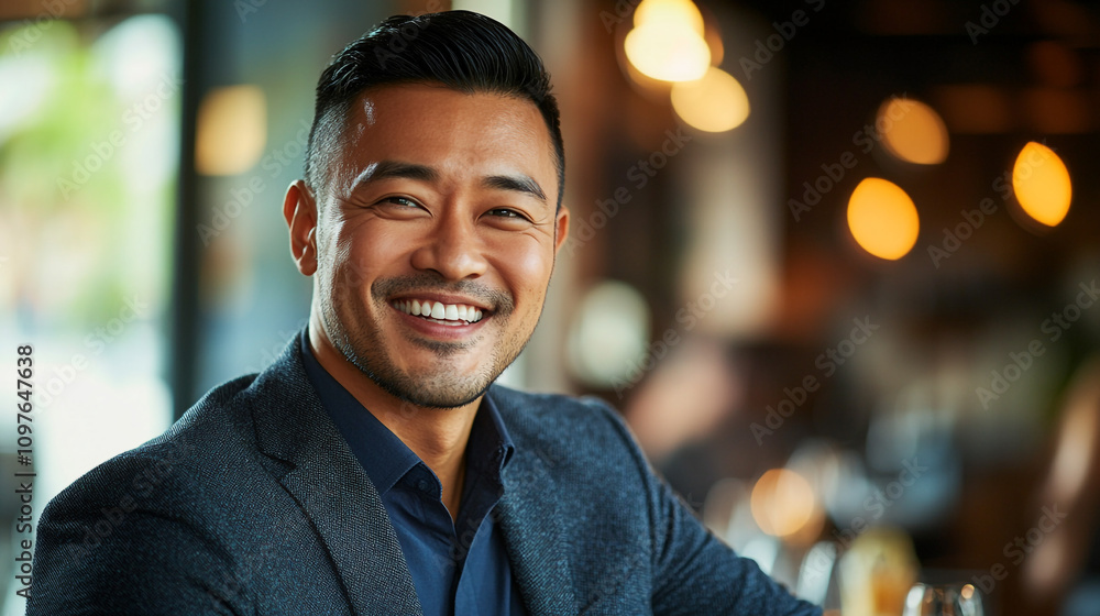 Smiling man enjoys evening in a cozy restaurant with warm ambiance and soft lighting Smiling man enjoys evening in a cozy restaurant with warm ambiance and soft lighting