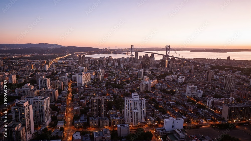 Fototapeta premium Generative AI, Golden Sunset Over a City and Suspension Bridge