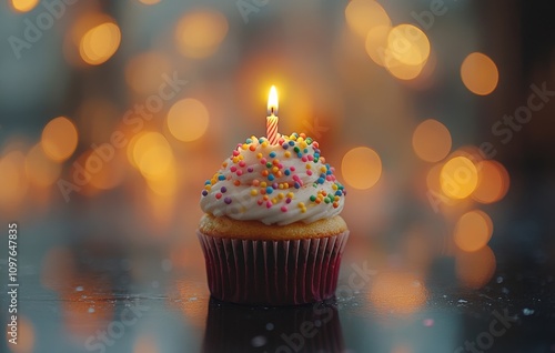 Deliciously Decorated Cupcake with a Single Candle Glowing Against a Festive Background of Soft Bokeh Lights for Celebrations and Special Occasions photo