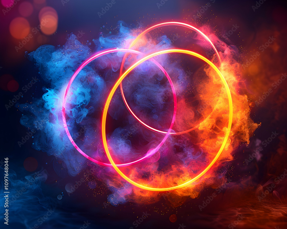 Obraz premium Intertwined neon circles in vibrant smoke.