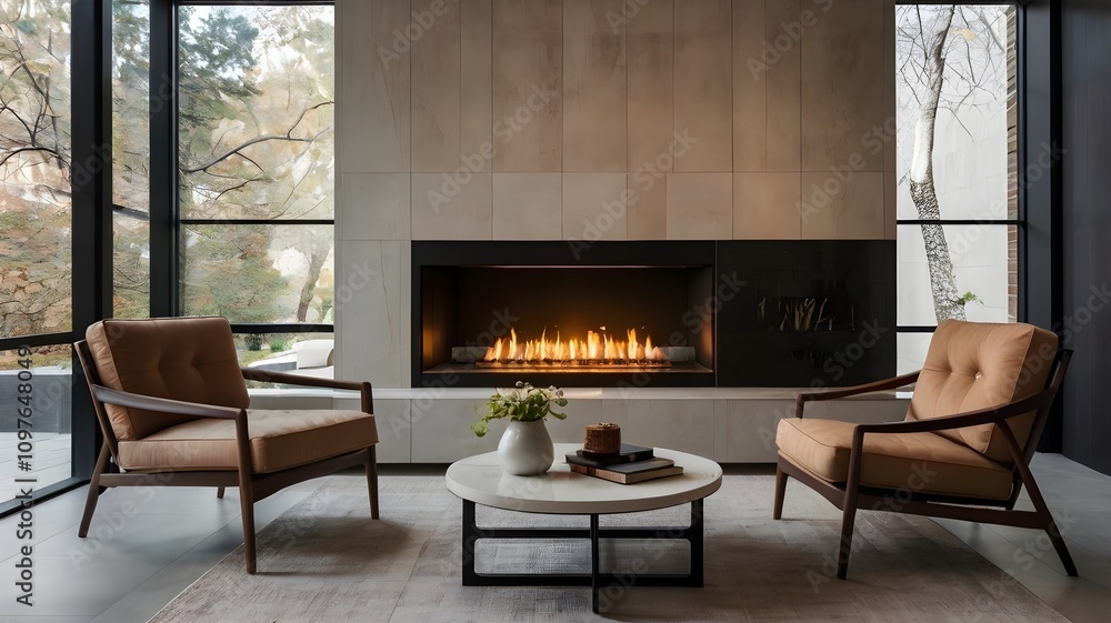 Fototapeta premium Cozy Fireplace in a Sleek Minimalist Lounge with Loveseat and Ceramic Tiles.