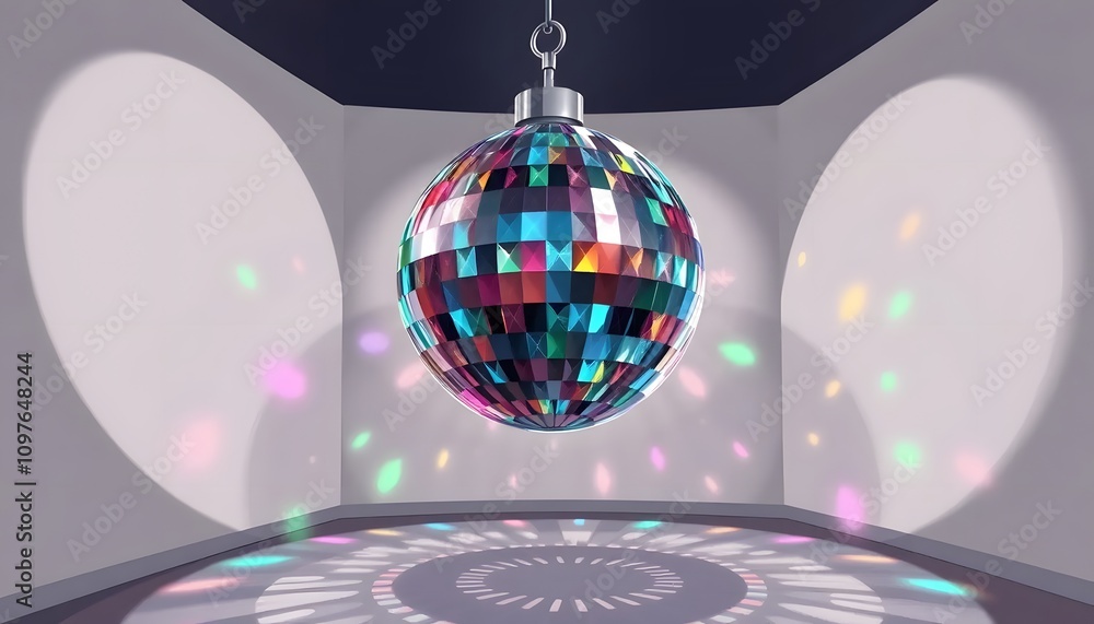 Obraz premium A_cartoonish_clipart_style_of_A_glittering_disco_ball,_roughly_two_feet_in_diameter,_hangs_from_the_ceiling,_its_mirrored_surface_reflecting Generative AI