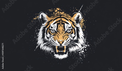 Intense tiger head illustration with grunge splatters. photo