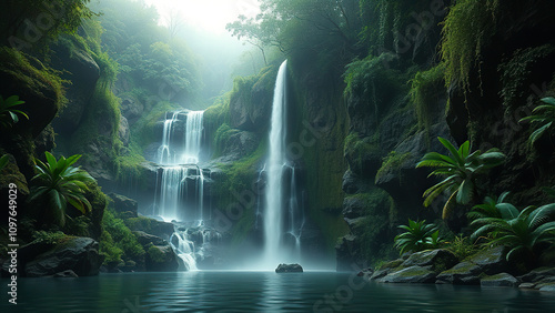 Waterfall in the background with lush greenery and vines , nature scenes, waterfall scene, foliage