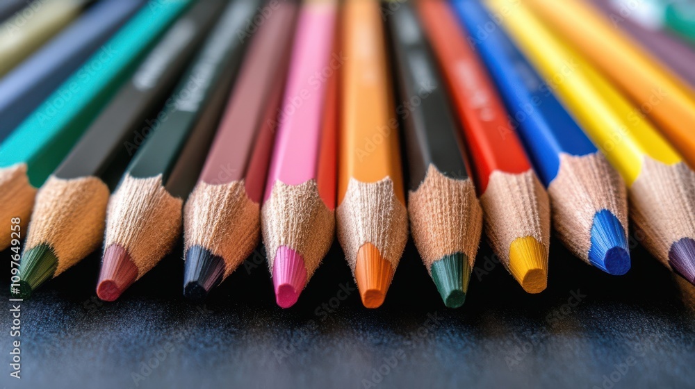 Fototapeta premium An array of vividly colored pencils is meticulously arranged, showcasing a spectrum of creativity and artistic potential.