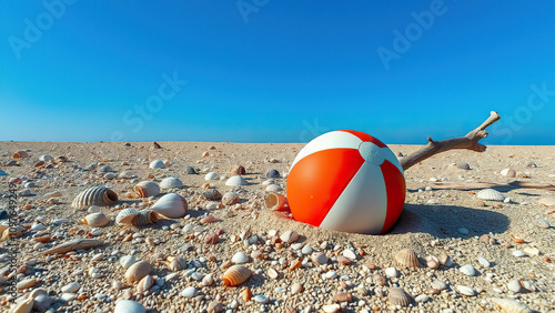 Seashell covered sand with a few driftwood pieces and a beach ball, sand, summer, ocean, driftwood, toys photo