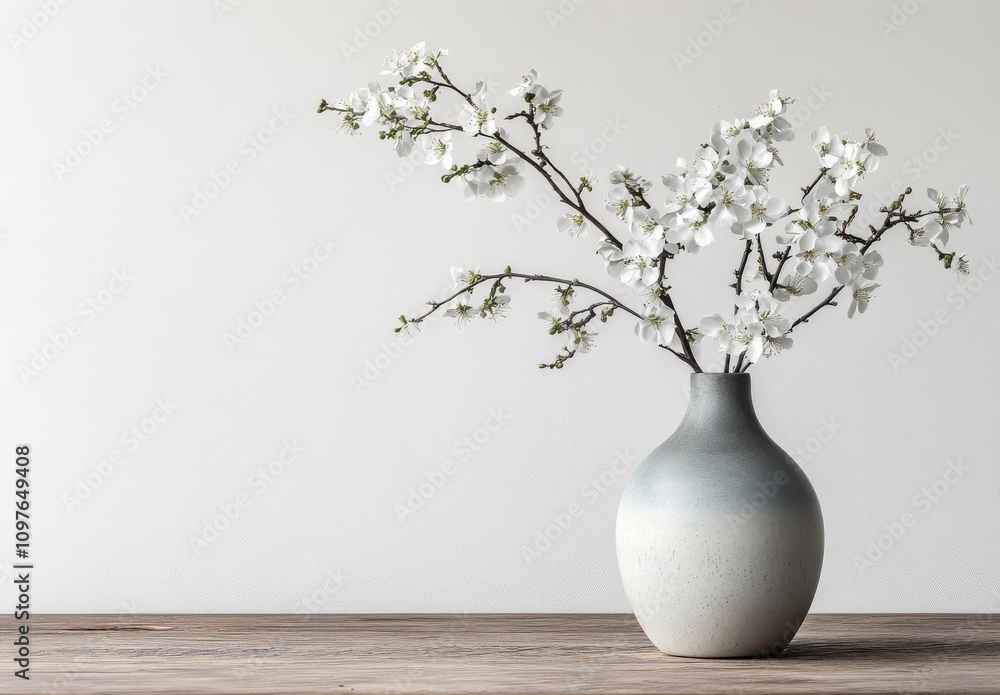 Elegant minimalist composition featuring a simple ceramic vase with cherry blossom branches against a neutral background, ideal for home decor and lifestyle themes. Elegant minimalist composition featuring a simple ceramic vase with cherry blossom branches against a neutral background, ideal for home decor and lifestyle themes.