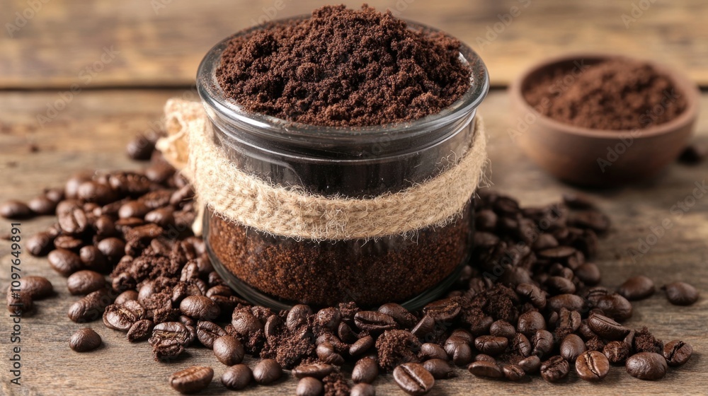 A jar of ground coffee surrounded by whole coffee beans on a wooden surface. A jar of ground coffee surrounded by whole coffee beans on a wooden surface.