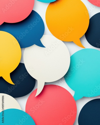 Colorful speech bubbles in various sizes and shapes, layered over a white background, creating a vibrant and engaging visual for communication themes.