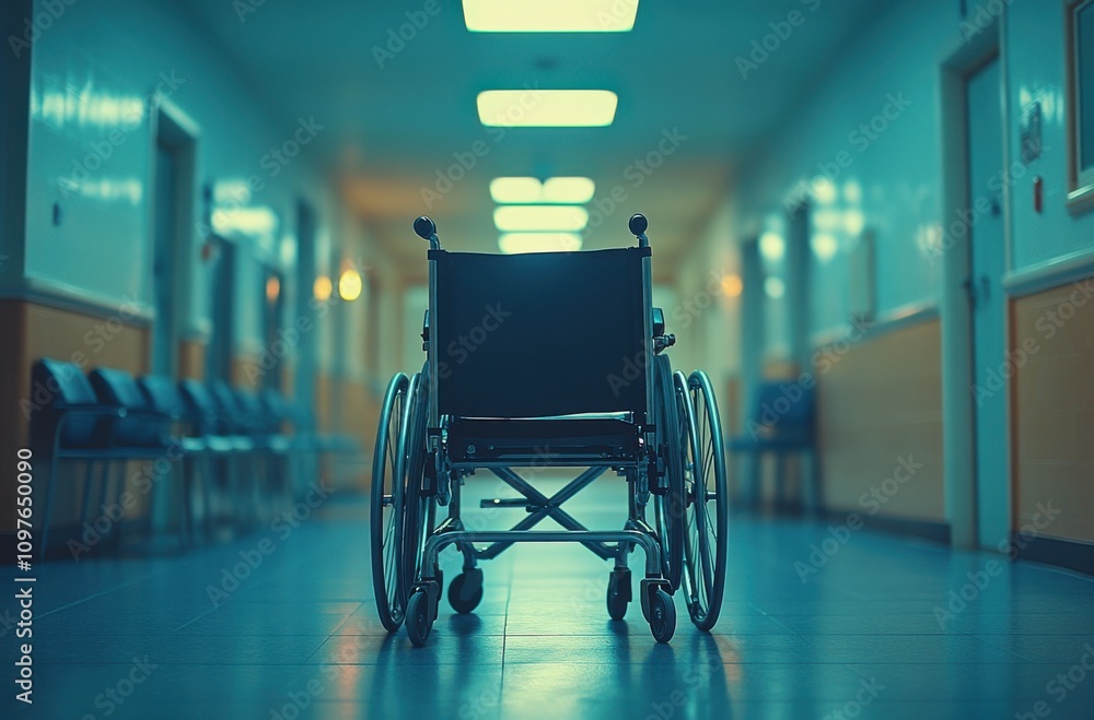Empty Wheelchair in a Dimly Lit Hospital Corridor, Symbolizing Abandonment, Loneliness, and the Journey of Healing in a Medical Environment Empty Wheelchair in a Dimly Lit Hospital Corridor, Symbolizing Abandonment, Loneliness, and the Journey of Healing in a Medical Environment