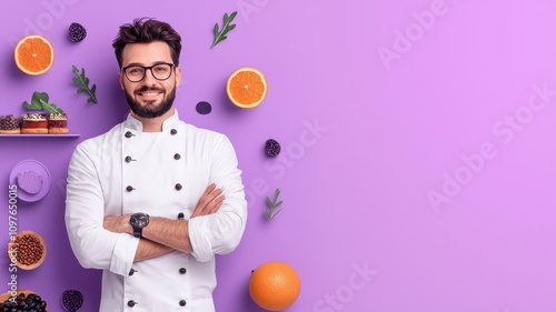 A cheerful chef in a white uniform with vibrant fruits on a purple background. photo