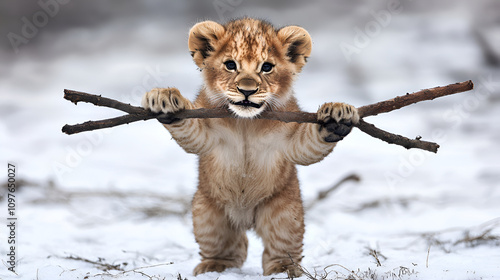 A playful lion cub stands on snowy ground, gripping a stick in its mouth while holding it with its front paws, The scene captures a blend of innocence and wild energy against a serene winter backdrop