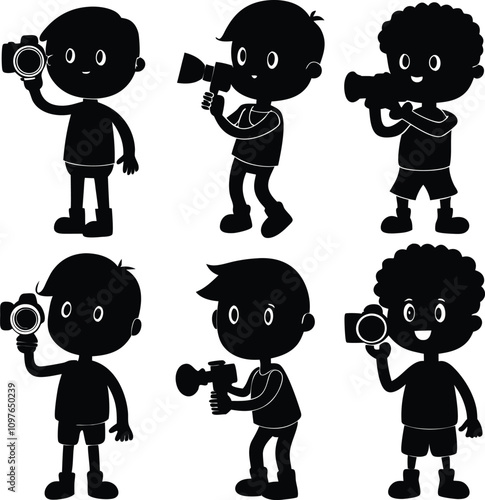 Silhouette Cartoon Kids with Cameras & Video Recorders: Black and White Vector Illustration of Children Photographers and Videographers