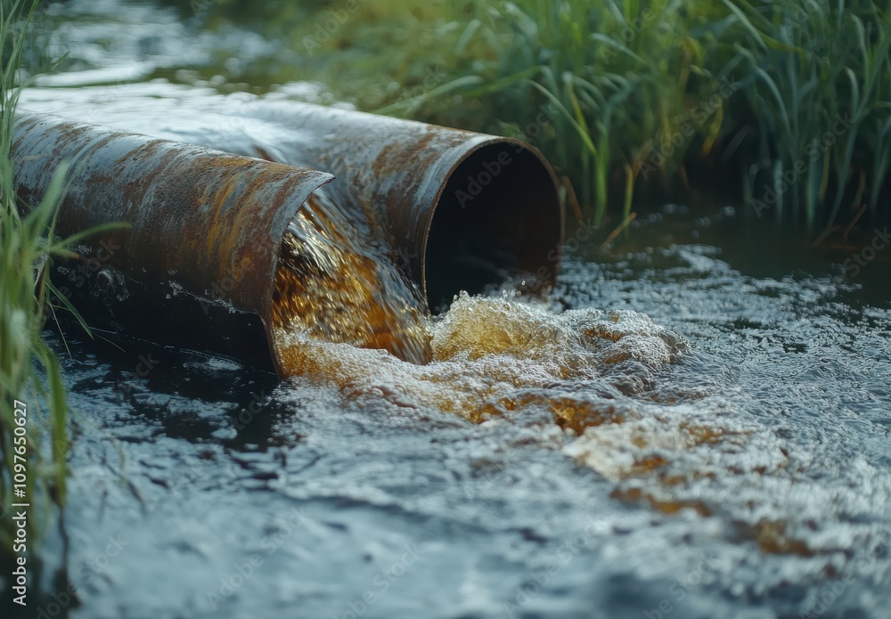 Erosion of Nature: A Rusty Pipe Discharging Brown Wastewater into a Stream Surrounded by Lush Green Grass and Reflecting the Environmental Concerns of Pollution Erosion of Nature: A Rusty Pipe Discharging Brown Wastewater into a Stream Surrounded by Lush Green Grass and Reflecting the Environmental Concerns of Pollution