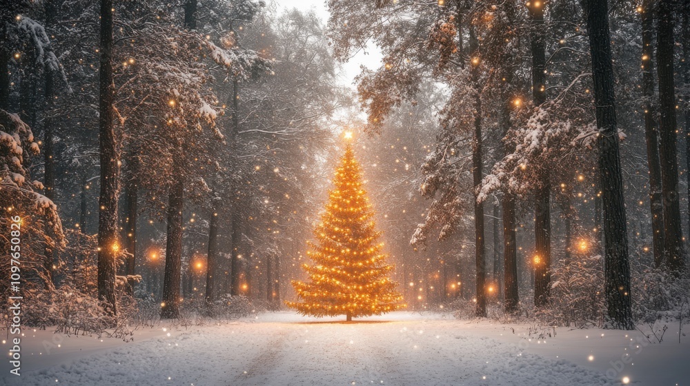 Snowy Forest with Decorated Christmas Tree Snowy Forest with Decorated Christmas Tree