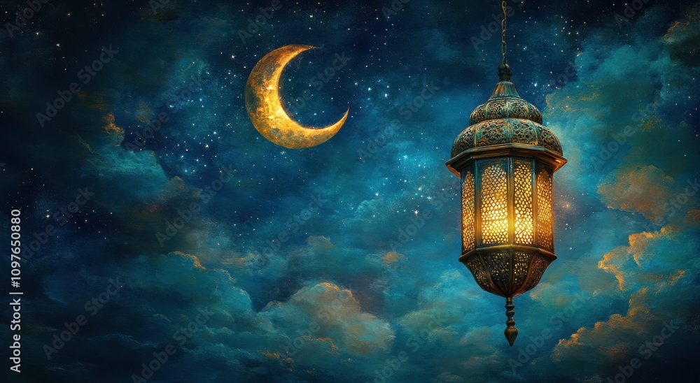 Ethereal Night Scene Featuring a Lantern Illuminating the Sky with a Crescent Moon and Starry Clouds in a Magical Atmosphere Ethereal Night Scene Featuring a Lantern Illuminating the Sky with a Crescent Moon and Starry Clouds in a Magical Atmosphere