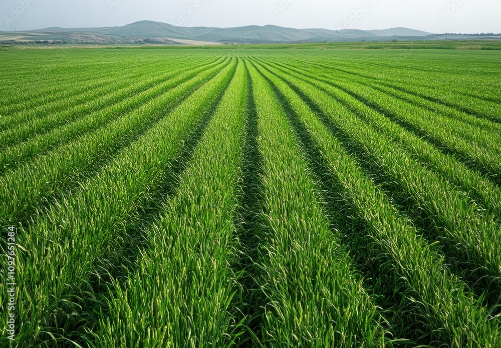 Naklejka premium Expansive Green Crop Field with Symmetrical Rows Under a Clear Sky Capturing the Essence of Agriculture and Nature's Beauty in Harmony