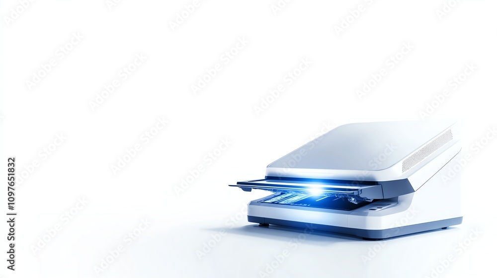 Modern document scanner with digital interface, white isolate background. Modern document scanner with digital interface, white isolate background.