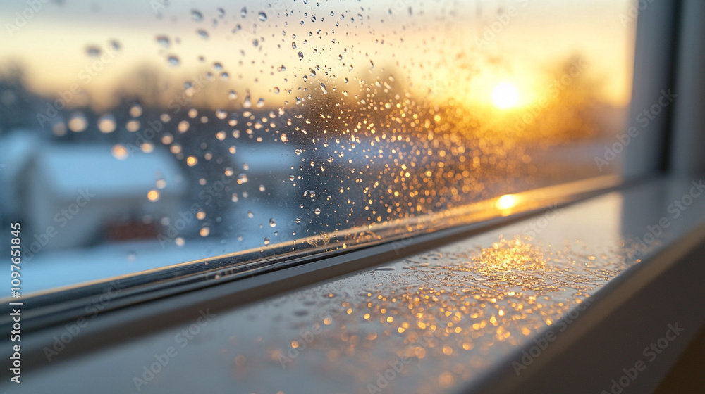 Close-up view of condensation on a double-glazed window symbolizing moisture, cold, temperature contrast, and the boundary between comfort and external weather elements Close-up view of condensation on a double-glazed window symbolizing moisture, cold, temperature contrast, and the boundary between comfort and external weather elements