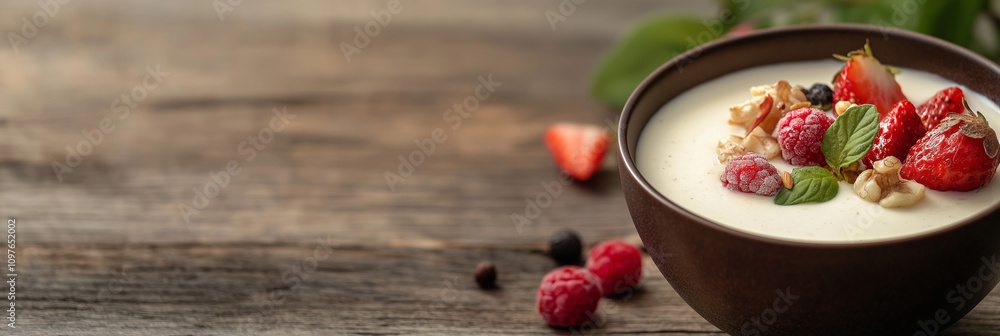A bowl of creamy yogurt garnished with fresh strawberries, raspberries, nuts, and mint leaves, set against a wooden background, implying healthy and wholesome eating. A bowl of creamy yogurt garnished with fresh strawberries, raspberries, nuts, and mint leaves, set against a wooden background, implying healthy and wholesome eating.