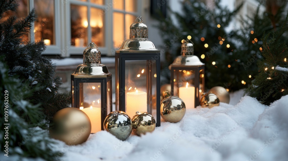 Christmas Lanterns and Ornaments in Snow Christmas Lanterns and Ornaments in Snow