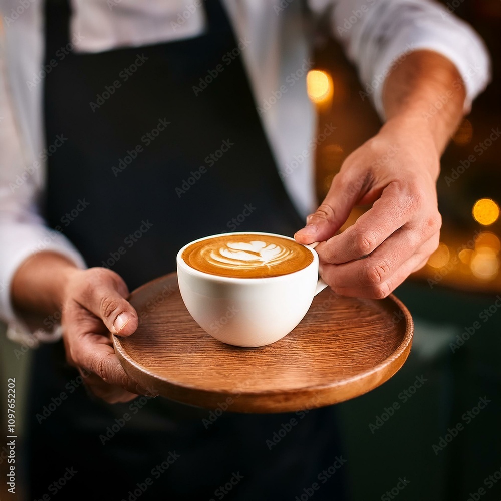 Waiter in black apron stretches a cup of coffee Waiter in black apron stretches a cup of coffee