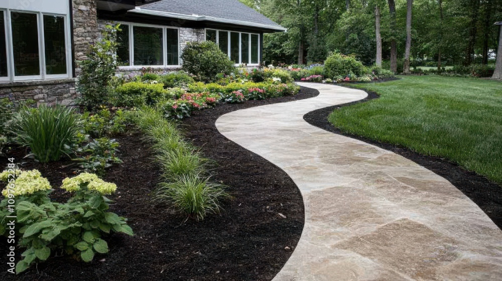 Obraz premium A well-manicured garden featuring winding pathways and vibrant flowerbeds offers a tranquil and picturesque retreat.