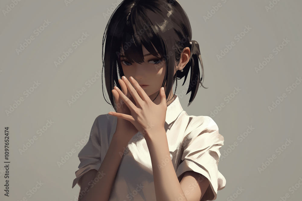 Fototapeta premium Pensive girl with hands over mouth in contemplative pose